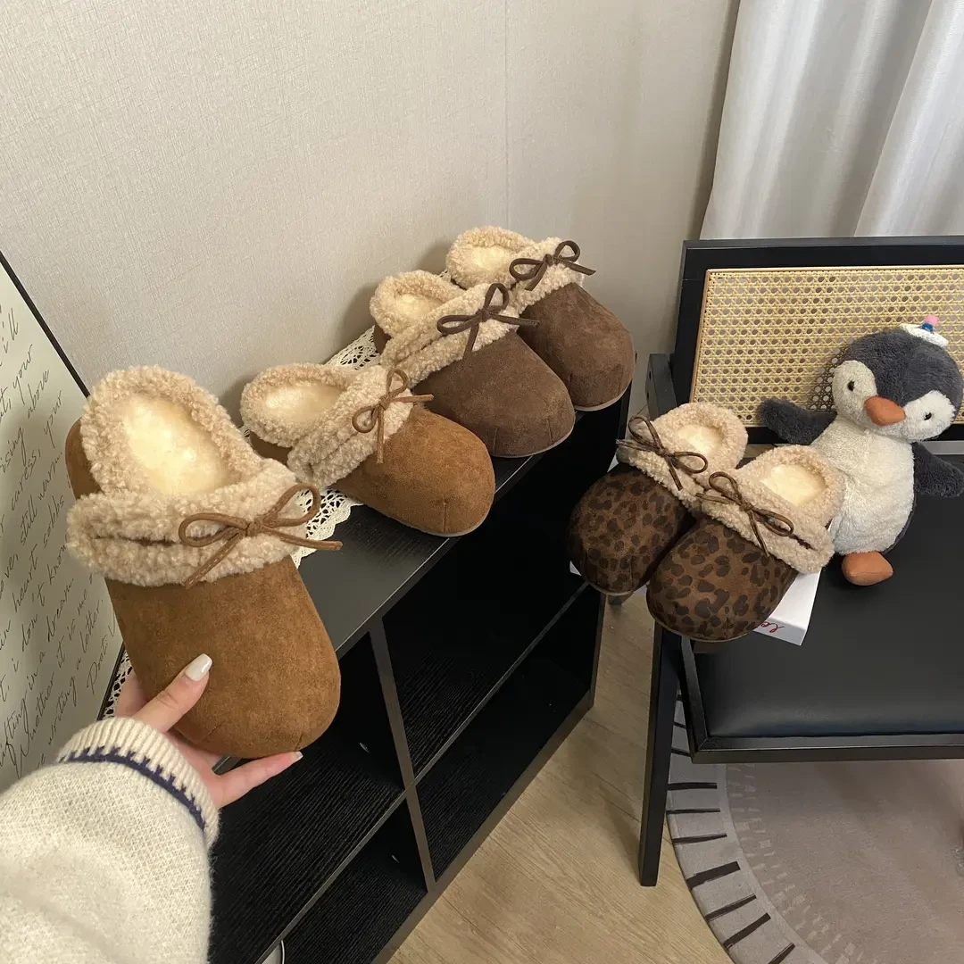 冬季新款百搭加绒韩版女款蝴蝶结外穿2025内增高网红勃肯鞋包头拖