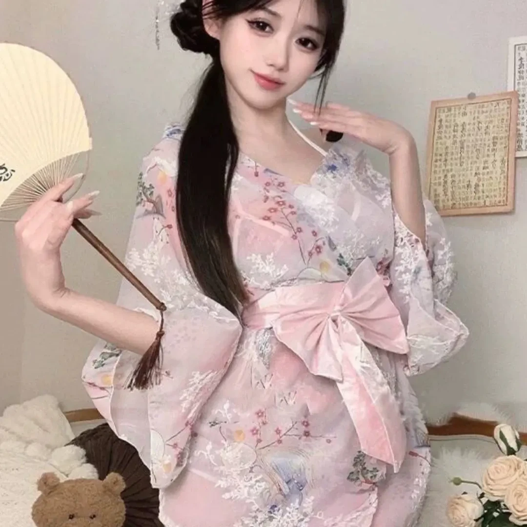 和风花卉图案宽袖蝴蝶结设计居家休闲浴衣连衣裙性感夏季薄款裙子