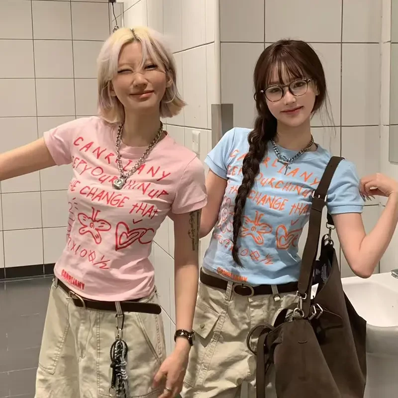 （有运费险）多巴胺穿搭女生彩色亮色修身正肩短袖t恤女装夏季上衣