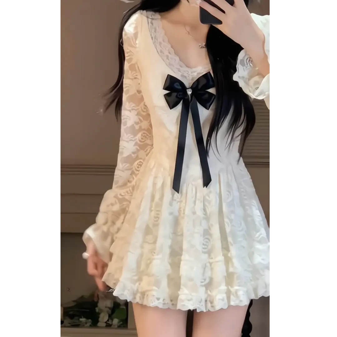 黛尔可可 甜美蕾丝设计感显瘦长袖连衣裙蝴蝶结蕾丝连衣裙公主裙