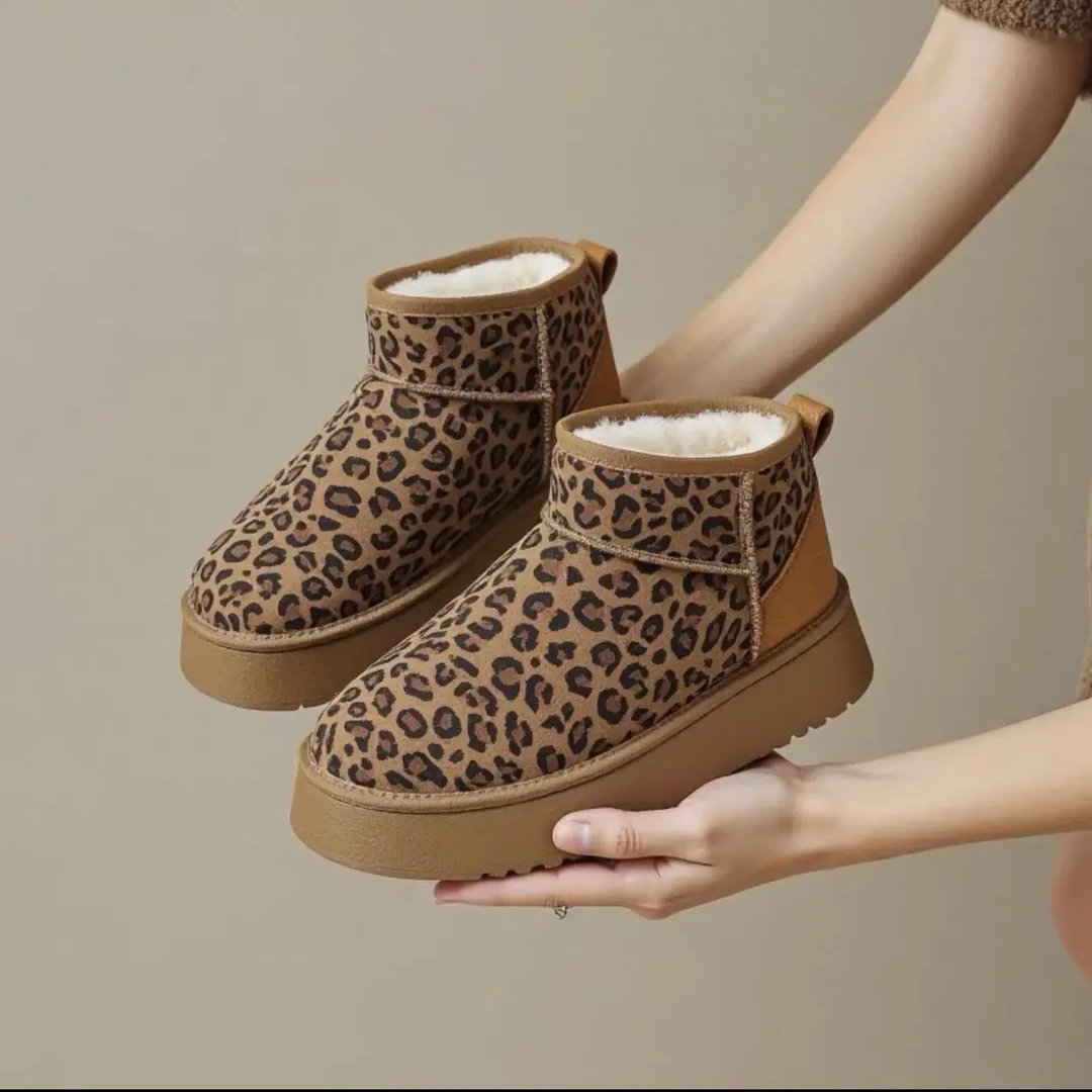 娜娜家冬季女款加绒保暖厚底豹纹短筒雪地靴5857
