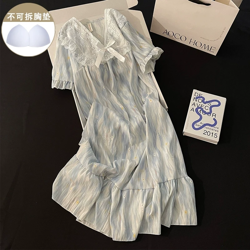 带胸垫睡裙女夏季蓝色高级感短袖蝴蝶结睡衣甜美休闲小个子家居服