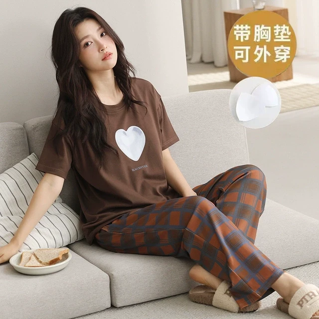 睡衣女夏季短袖长裤免文胸自带胸垫一体夏天可外穿韩版家居服套装