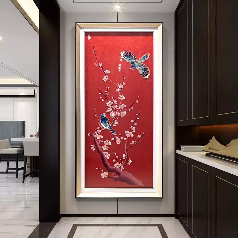 喜上眉梢挂画玄关新中式花鸟过道挂画高端刺绣织锦绣背景墙壁画