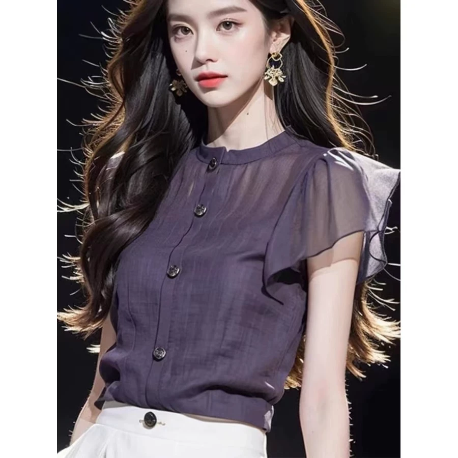 夏季今年流行漂亮小衫洋气高端别致超好看法式掐腰紫色衬衫女上衣