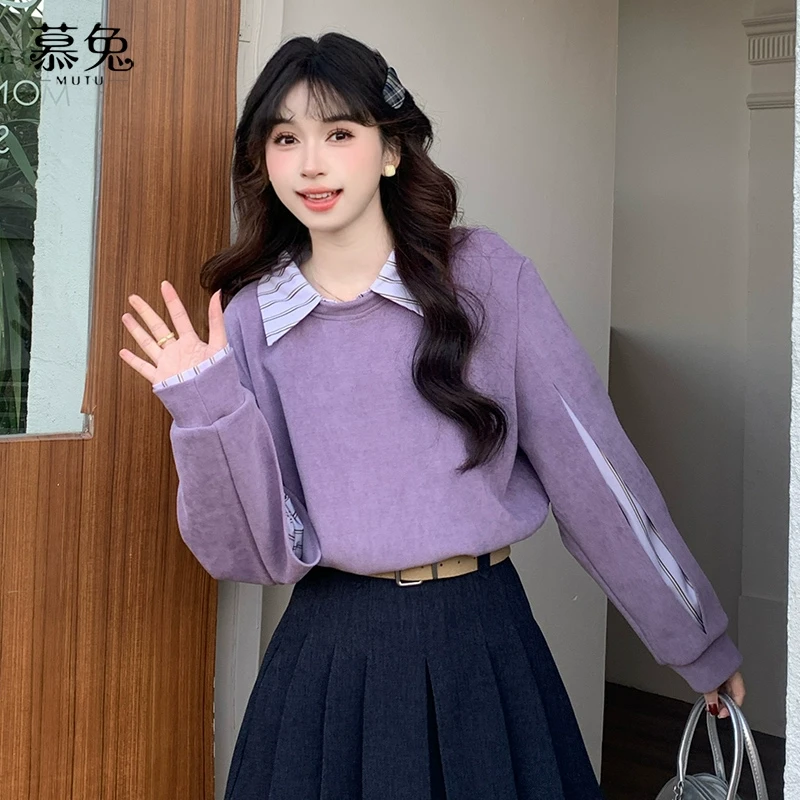 慕兔高级感拼接假两件卫衣女2025春季新款小个子宽松显瘦休闲上衣