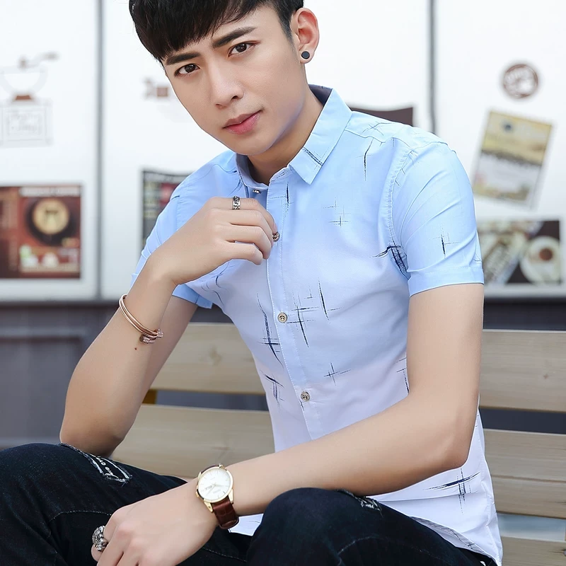 修身印花衬衫秋季休闲半袖衬衣韩版男装短袖青年时尚潮流渐变寸衫