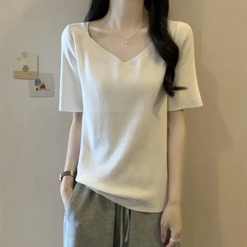 大码遮肚子V领冰丝短袖针织衫女夏薄款胖MM宽松显瘦百搭正肩上衣