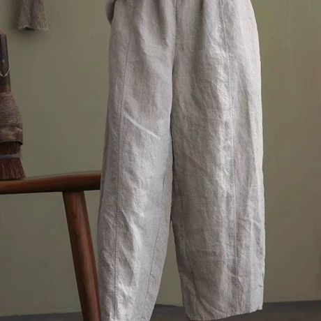 2025年通勤三季高支亚麻雨露麻松紧腰宽松九分裤休闲萝卜裤女