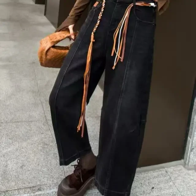 欧货时尚怀旧油花黑弯刀裤显瘦百搭