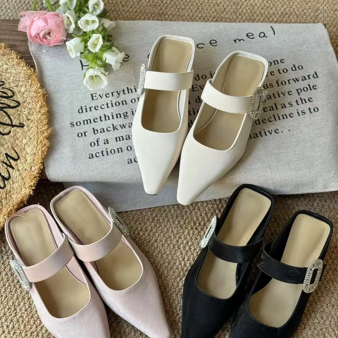 漫斯贝尔很有气质年新款包头半拖鞋外穿平底一脚蹬水钻凉拖鞋女夏