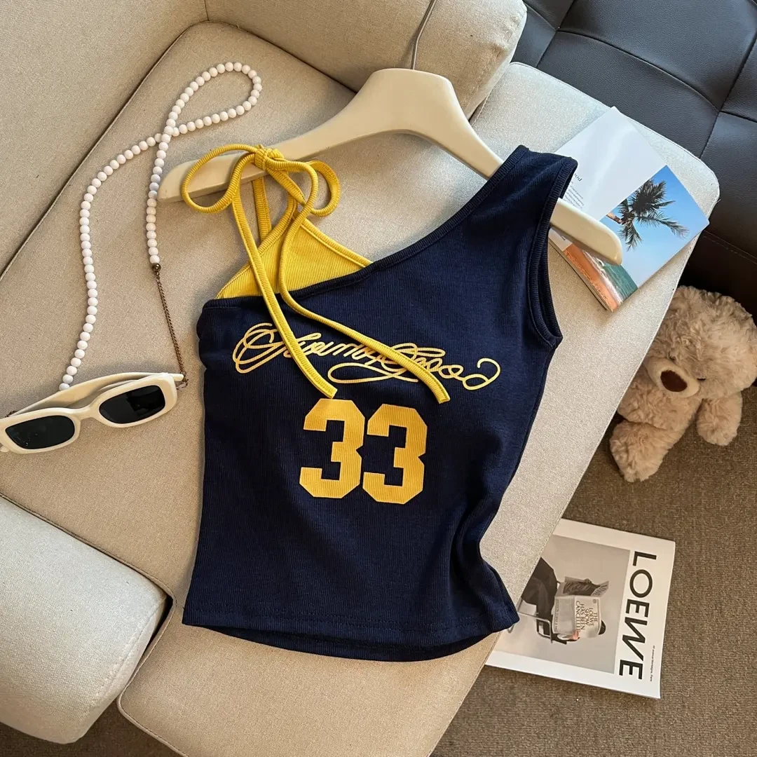 美式撞色短袖斜肩辣妹背心吊带女夏季自带胸垫收腰显瘦短款上衣女