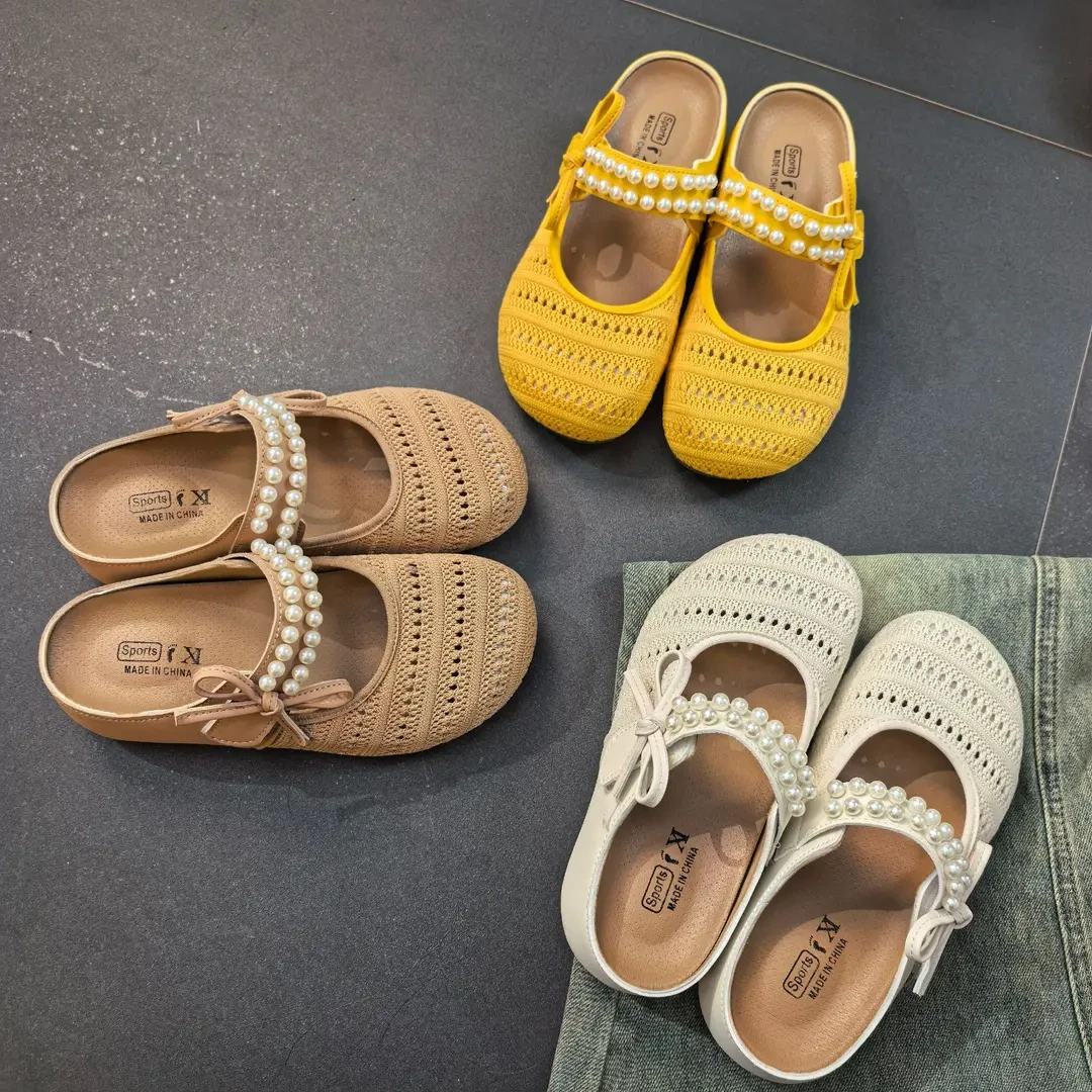 5CM百搭夏季网面懒人鞋玛丽珍鞋透气平底小珍珠内增高包头拖鞋女