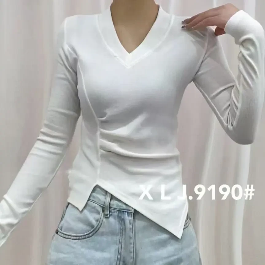 拼接V领长袖T恤黑色正肩t恤长袖秋季时尚修身气质网红不规则