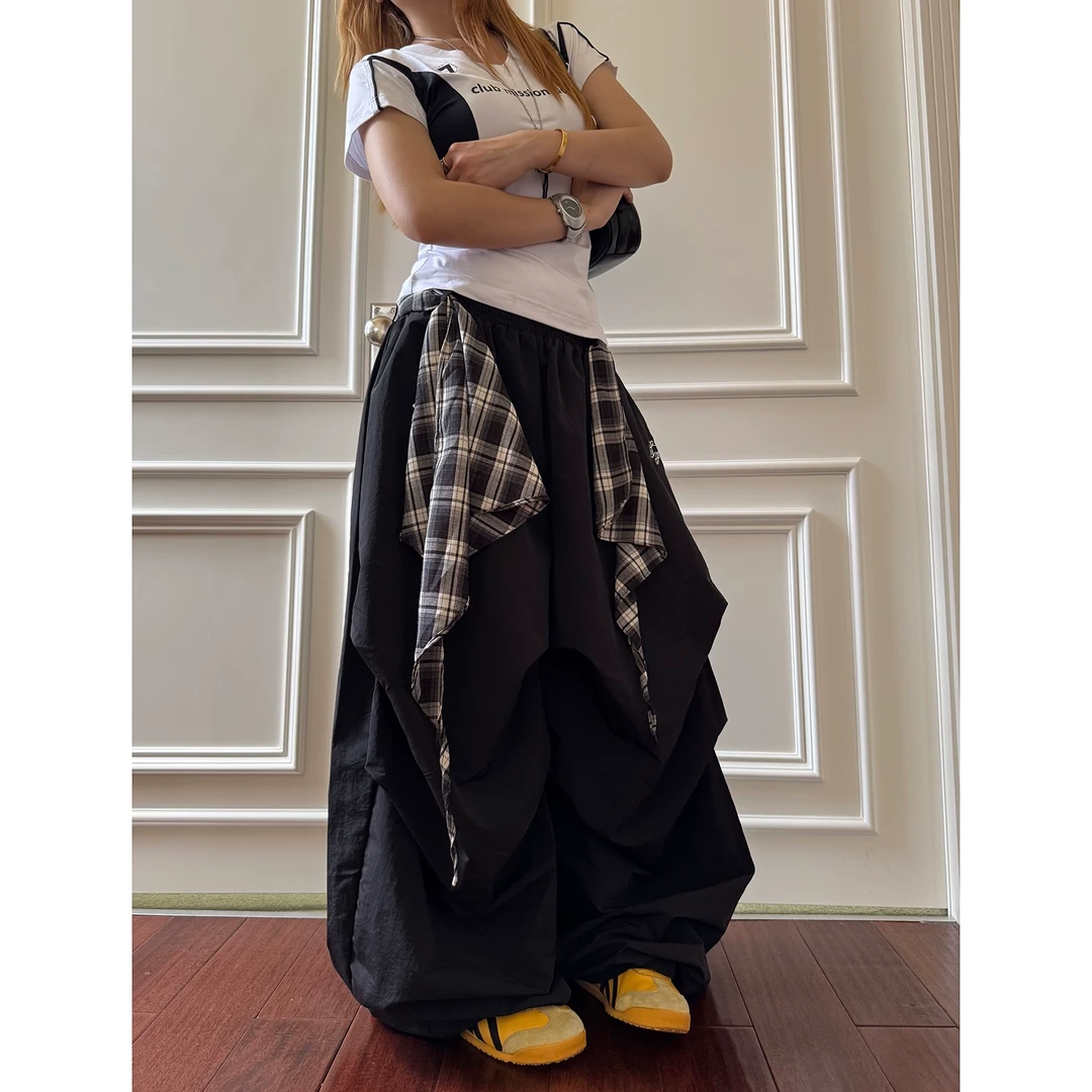 BINXLAN美式嘻哈街舞叠穿可拆卸阔腿裤男女宽松垂感休闲拖地长裤