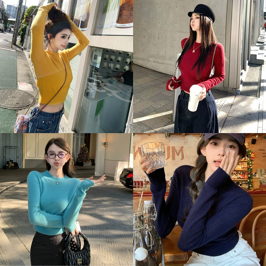 “Miu复古调色盘”高品10羊绒90羊毛/100绵羊毛静奢圆领套头毛衣