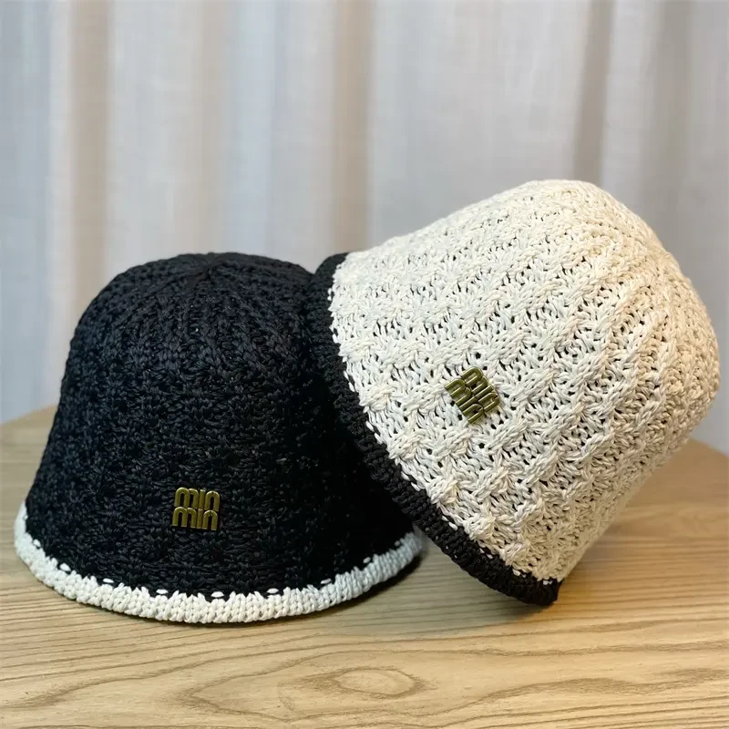 韩版春夏季镂空编织渔夫帽女时尚透气拼色台灯帽显脸小百搭水桶帽
