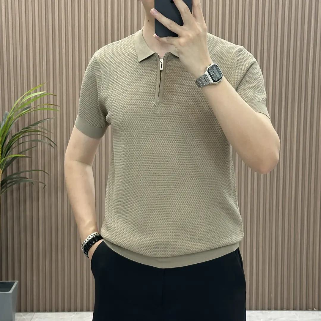 拉链POLO衫男士夏季薄款针织翻领短袖T恤大码纯色男装POLO衫短袖