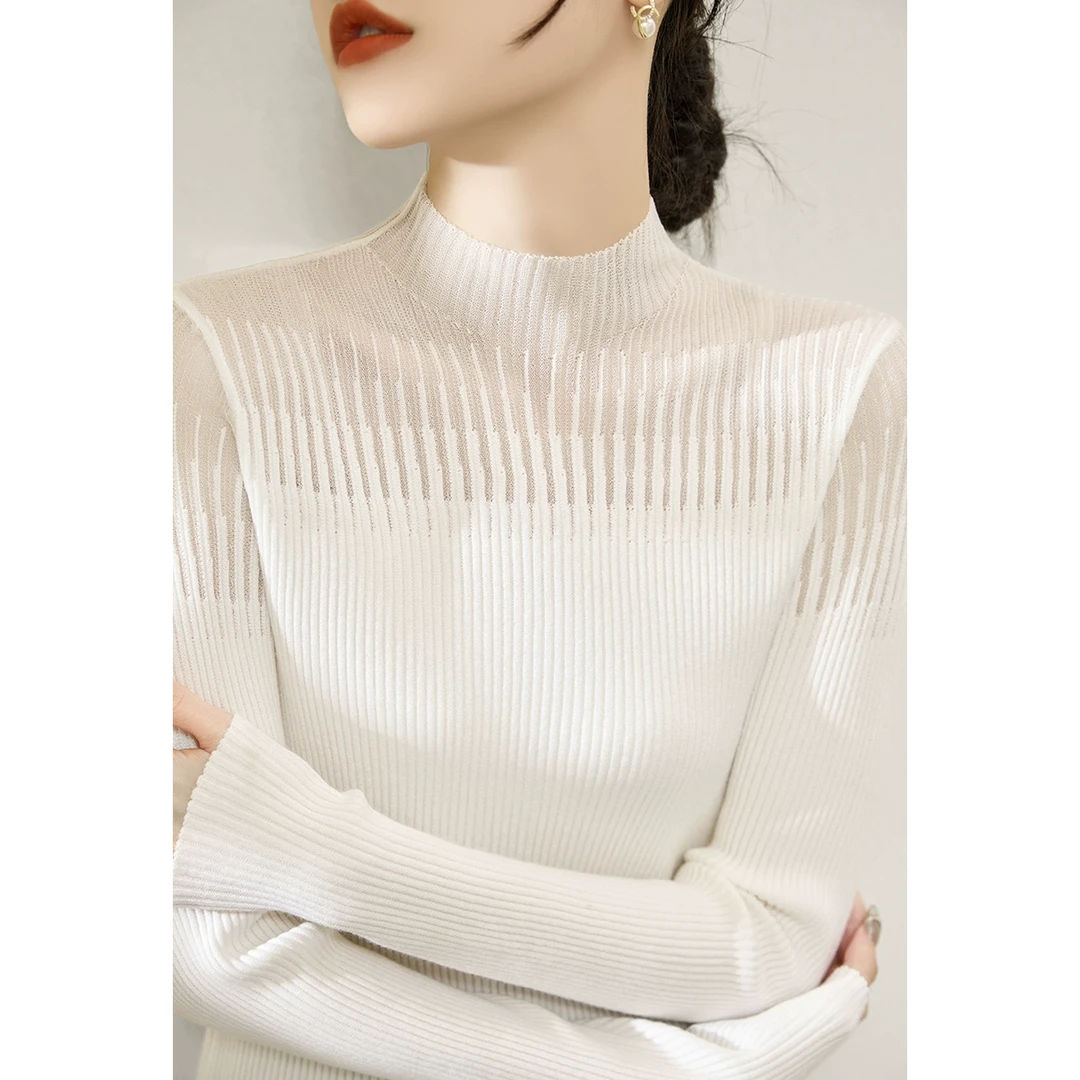 冬季新款女装白色蕾丝网纱设计长袖针织衫半高领毛衣内搭打底上衣