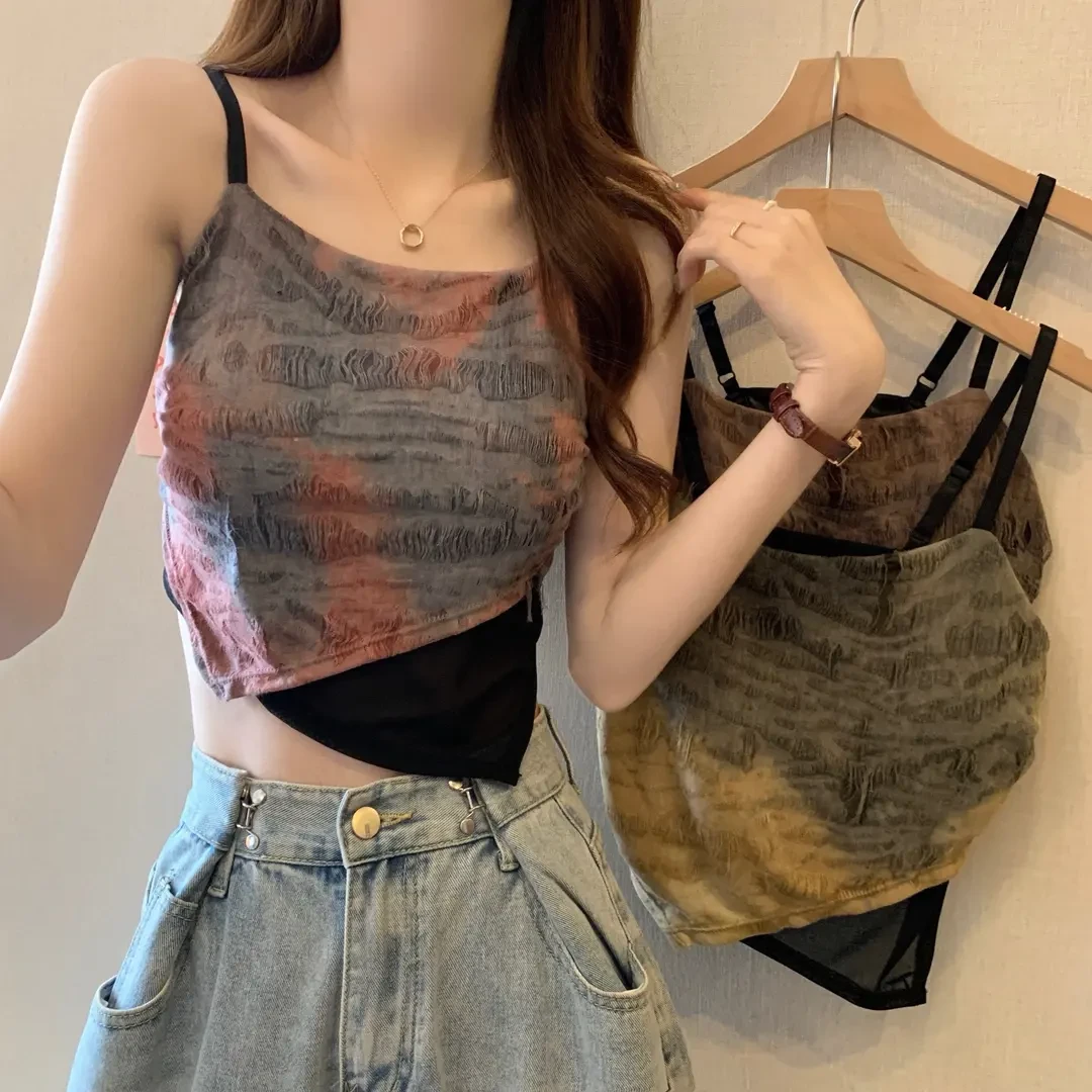 街头辣时髦妖精撞色扎染拼接不规则小吊带女百搭背心假两件美背