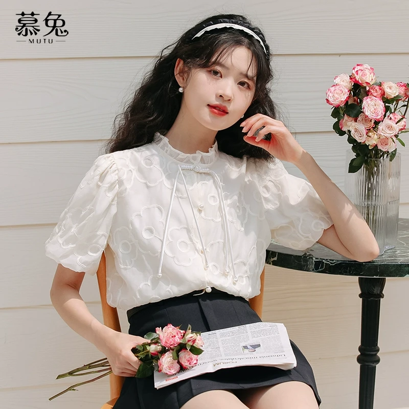 慕兔新中式千禧辣妹短袖衬衫女2024夏新款设计感小众国风盘扣上衣