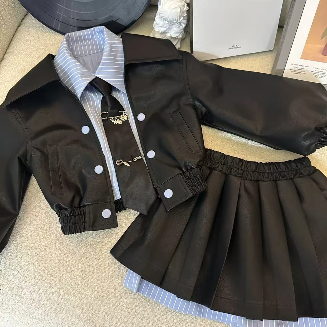 女童皮衣外套百褶裙套装2025新款春秋款机车风半身裙炸街辣妹风潮