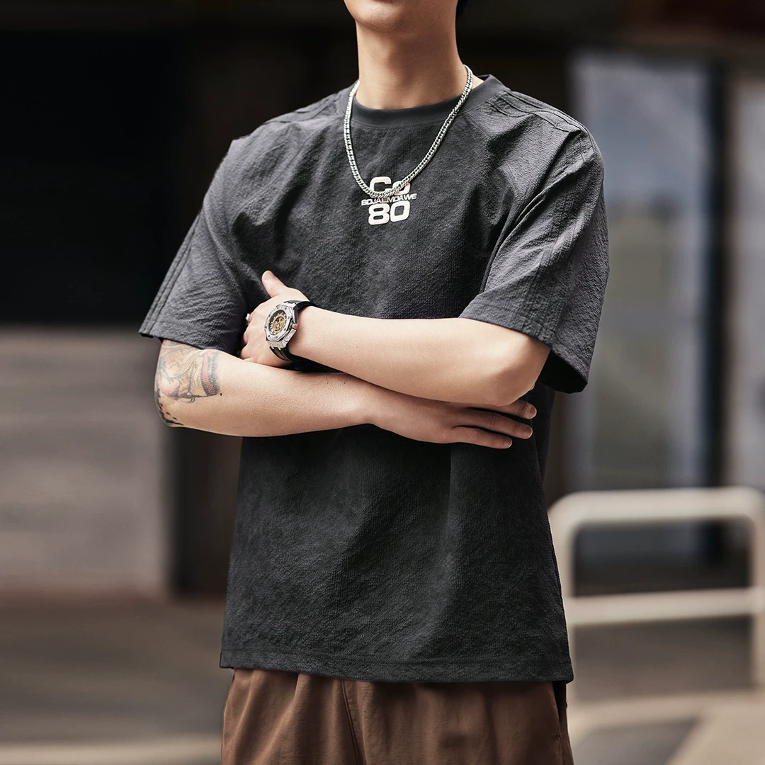 PRPK高端夏季冰丝速干泡泡纱短袖t恤男2025薄款宽圆领半袖体恤