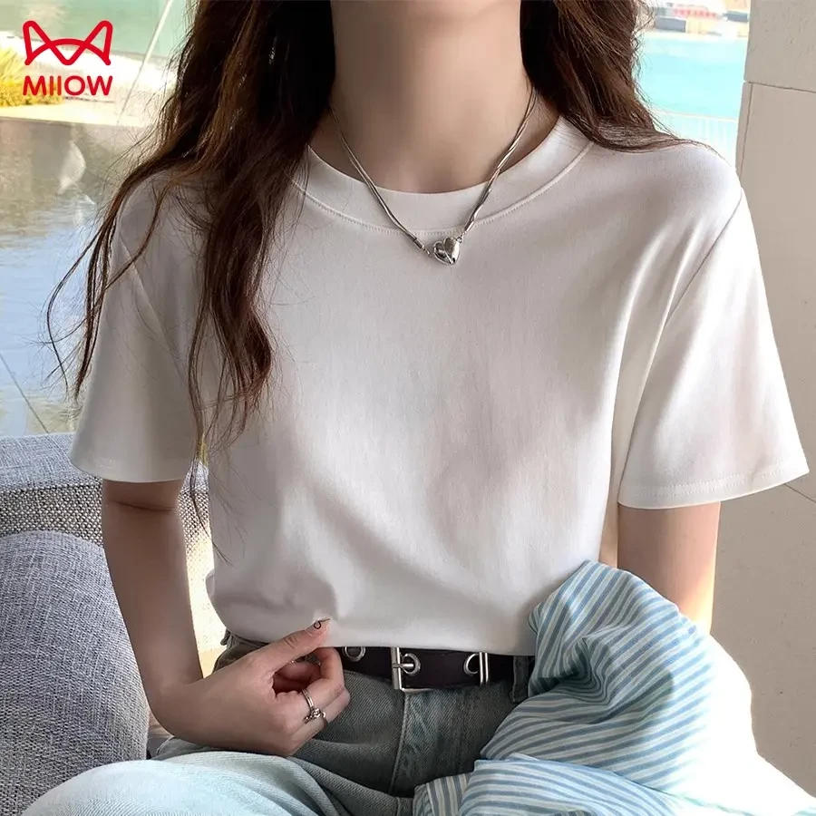猫人高品质衣服棉质白色t恤女夏款圆领女款百搭宽松显瘦正肩短袖