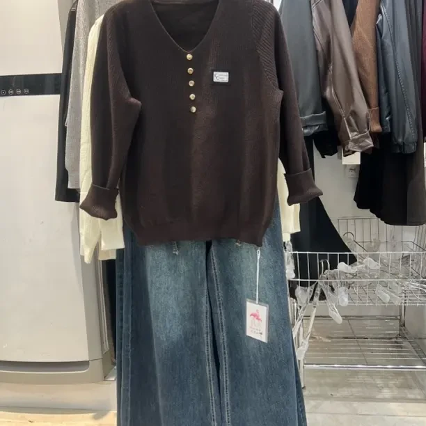 格纹开衫拼接毛针织衫套头宽松型时尚针织V领针织衫
