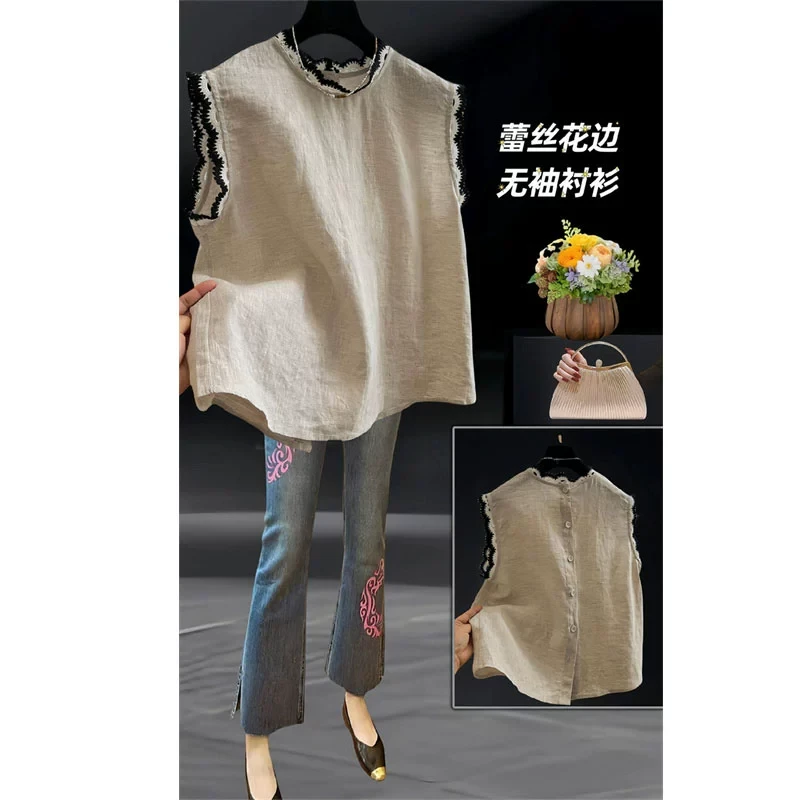 夏季新款胖妹妹宽松大码设计感无袖蕾丝花边衬衫上衣女别致小衫潮