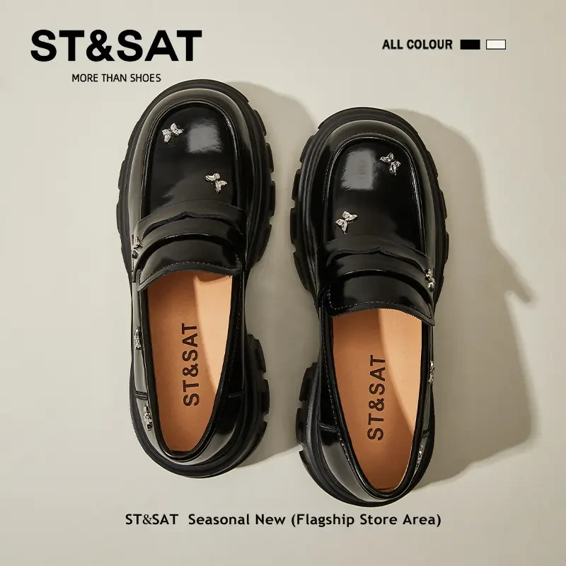 星期六一脚蹬乐福鞋女鞋秋季百搭学院风黑色蝴蝶小皮鞋舒适jk单鞋