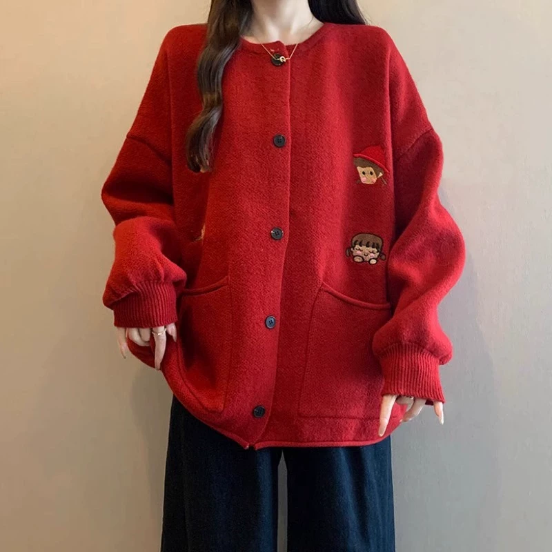 微胖妹妹大码本命红色毛衣外套女2024秋冬新款宽松刺绣针织衫上衣