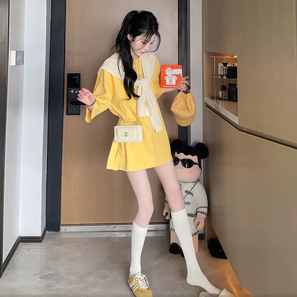 黄色中长款披肩短袖T恤女2025夏季新款多巴胺韩系慵懒高级感上衣