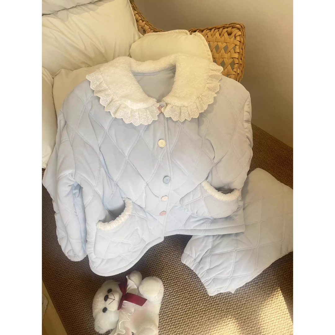 甜美娃娃领拼接蕾丝夹棉睡衣女秋冬季加厚棉服外套保暖家居服套装