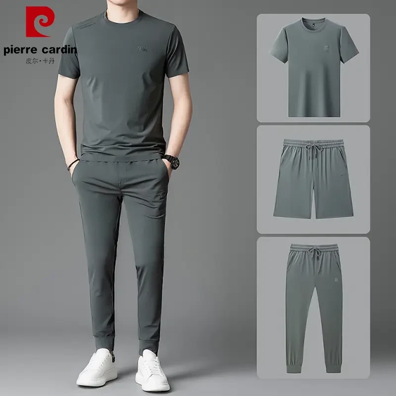 皮尔卡丹正品高端休闲运动套装男士夏季冰丝速干短袖长裤三件套