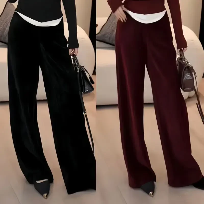 Y5910拖地金丝绒纯色高腰直筒裤女垂感百搭显瘦秋冬新款宽松阔腿