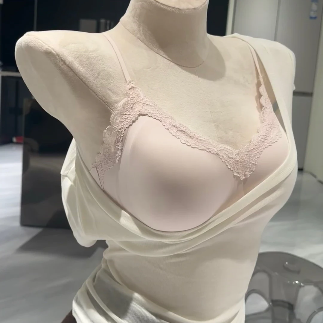 粉色舒服蕾细肩带无痕蕾丝凉感背心夏季吊带款聚拢文胸罩内衣女Z