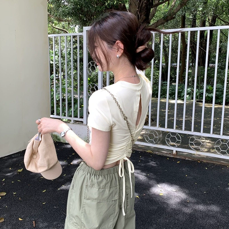 梦优莱韩系性感甜辣妹纯欲心机后背镂空抽绳圆领短袖T恤女上衣