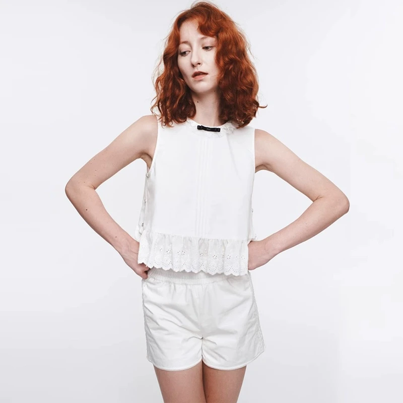 河岸家设计师Herlian蝴蝶结装饰无袖上衣碎褶镂空花边衬衫25新款