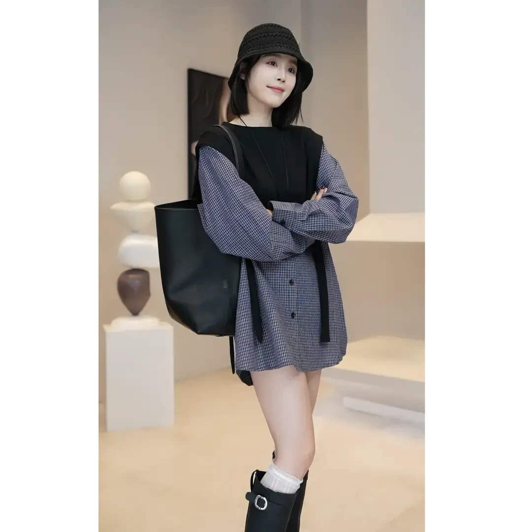 韩国高级感假两件格子拼接衬衫裙2025早春新款