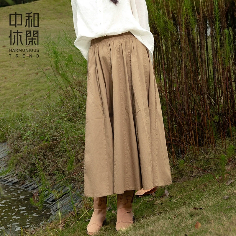 中和休闲法式多褶半身裙2025春季新款高腰甜美垂感宽松a字裙现货