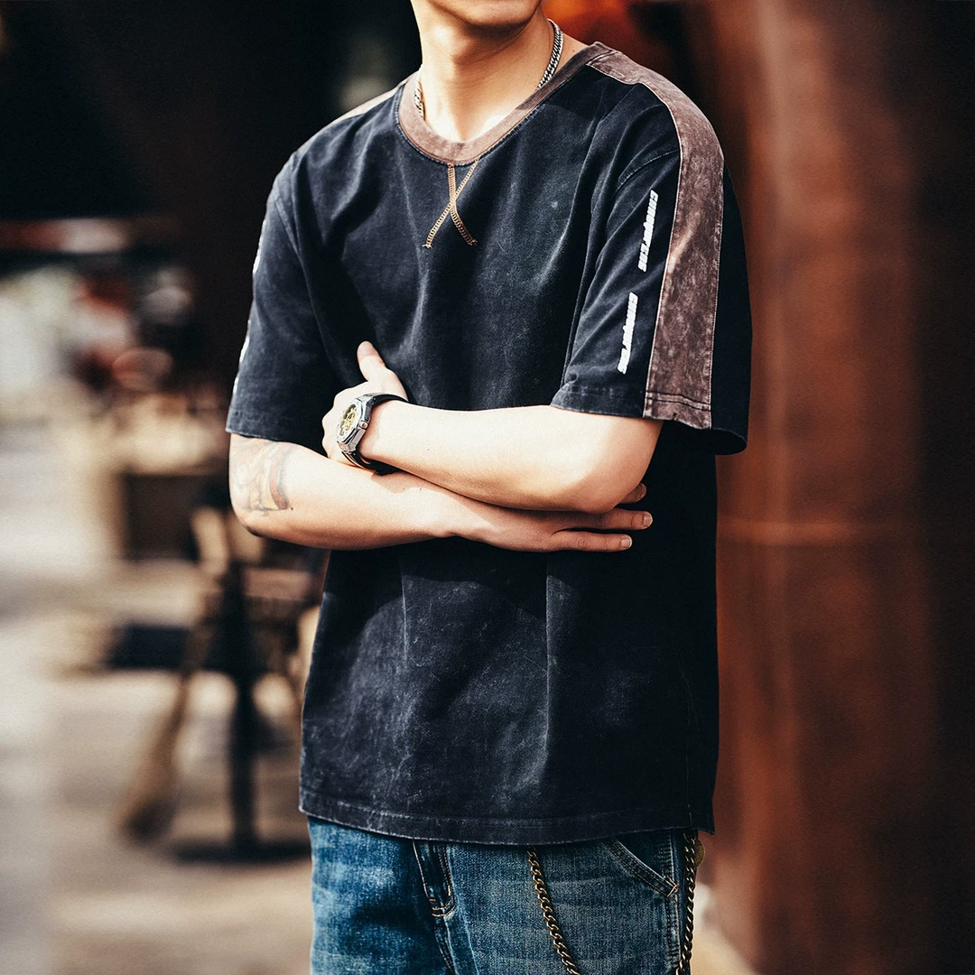 格蓝鹿美式复古拼接短袖t恤男夏季潮牌宽松圆领纯棉休闲半袖体恤