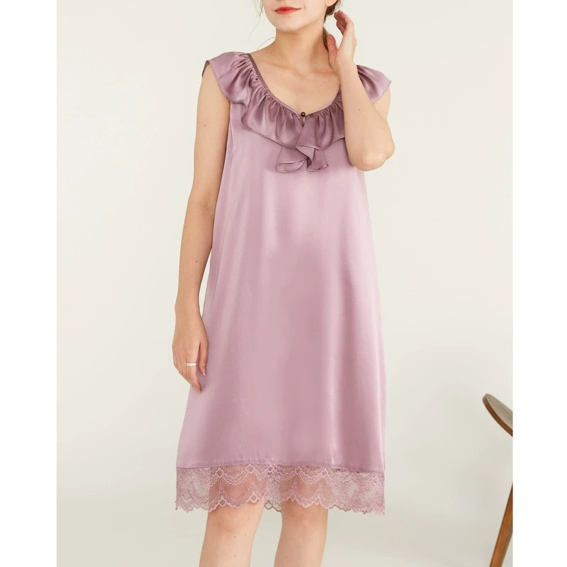 真丝素绉缎木耳边睡裙女桑蚕丝蕾丝家居服连衣裙无袖背心裙SQB002