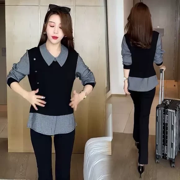 衬衫假两件套女长袖2025年春秋新款衬衣韩版宽松撞色遮肚子上衣