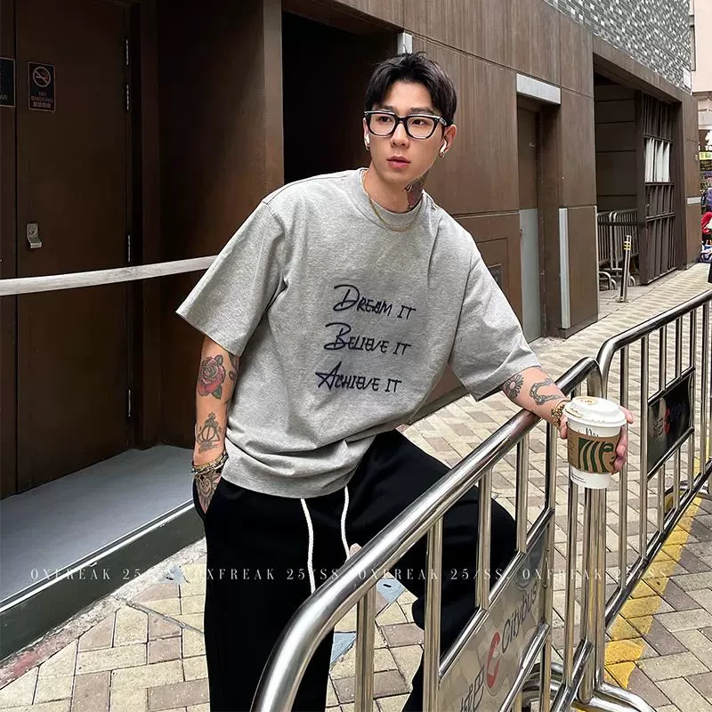 OXFREAK 「斑驳擦色 字母印花」300G重磅短袖t恤男宽松休闲五分袖