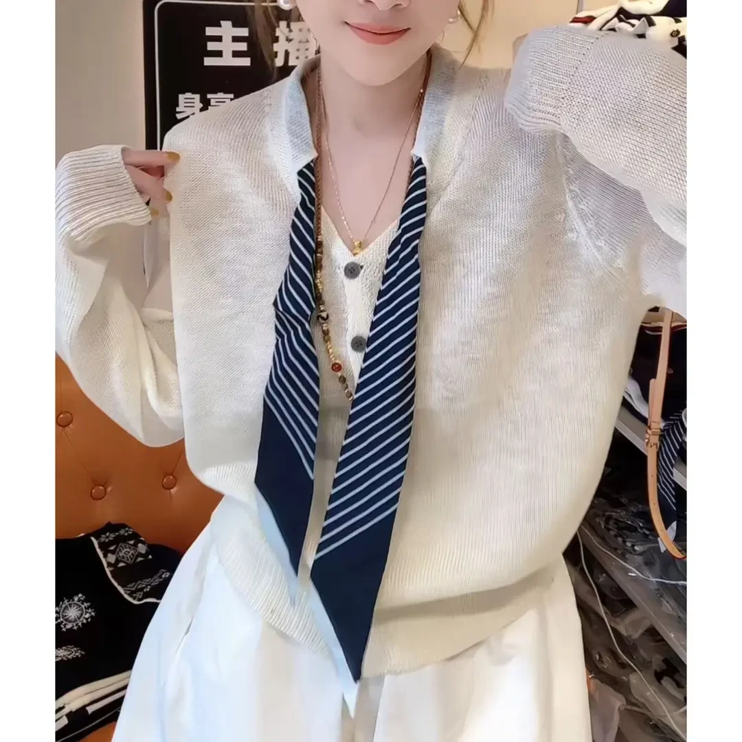 时尚温柔风休闲复古针织衫女2025年夏季新款法式薄款透气长袖上衣