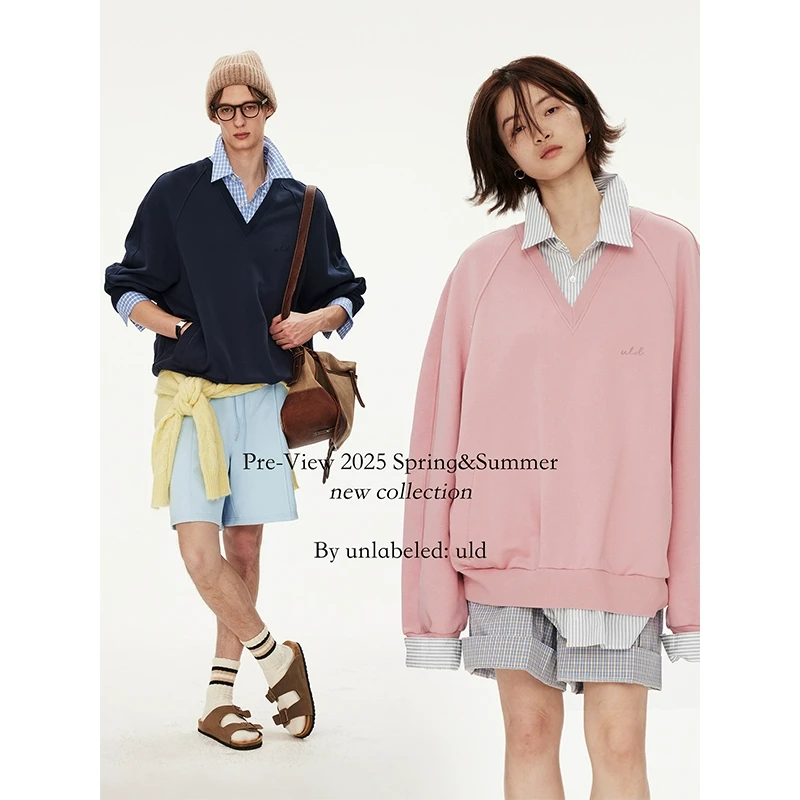 【ULD】/sporty中古380g双股新疆棉假两件vintage格纹v领衬衫领卫衣