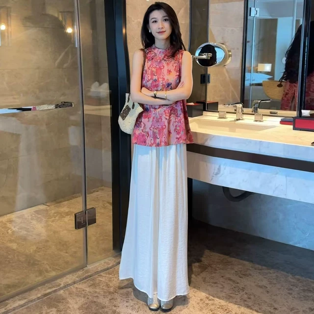 新中式国风套装女2025夏季新款洋气圆领提花旗袍衬衫阔腿裤两件套