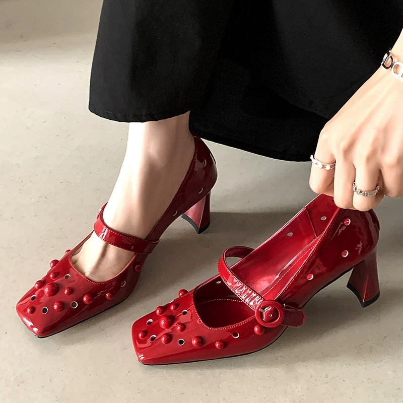 法式复古方头一字带气质玛丽珍鞋女真皮粗跟高跟鞋不累脚浅口单鞋