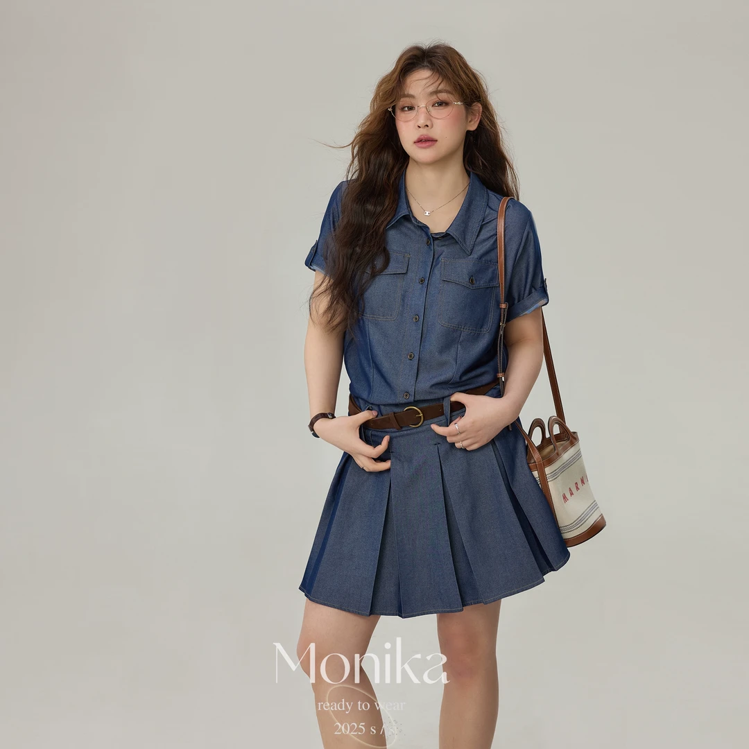 大码女装仿牛仔衬衫领收腰显瘦复古百褶连衣裙夏季胖MM裙子N9159